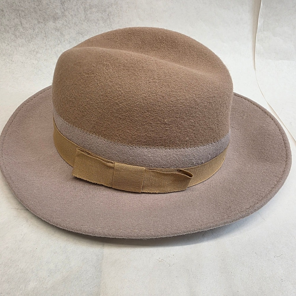 Nordstrom Fedora Hat Taupe Tan 100% Wool Made in Italy Brim Bow